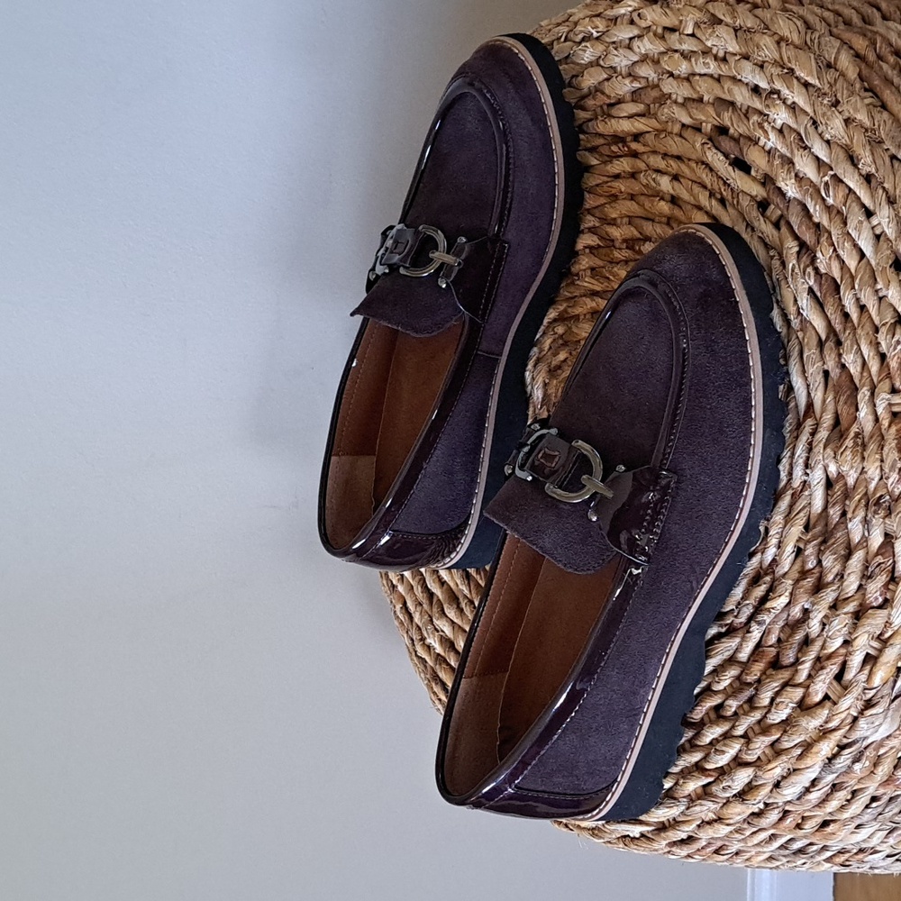 Donald Pliner Womens Clio Preppy Brown Suede/Patent Leather Lug Sole Loafers 7.5
